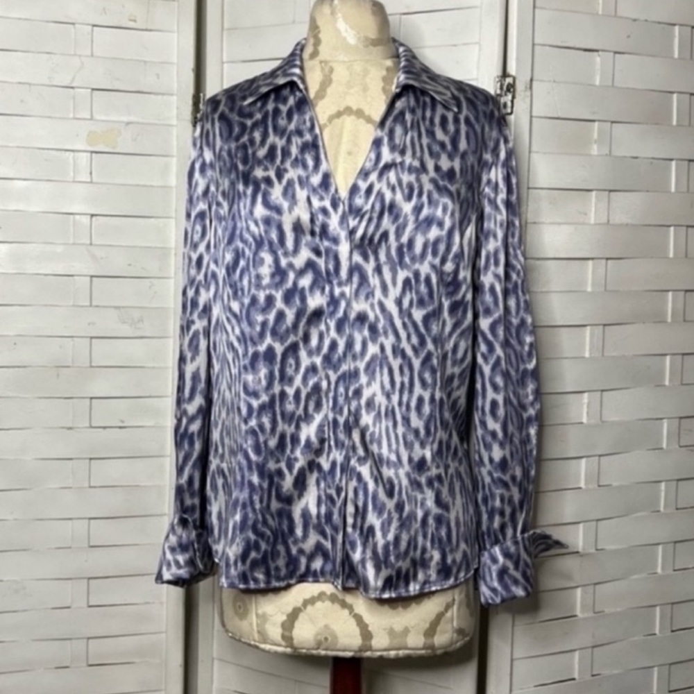Lafayette 148 Blue Leopard Print Silk Top